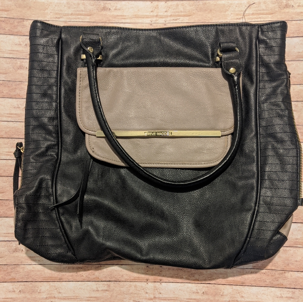 Medium Steve Madden Tote Black Grey Leather Gold